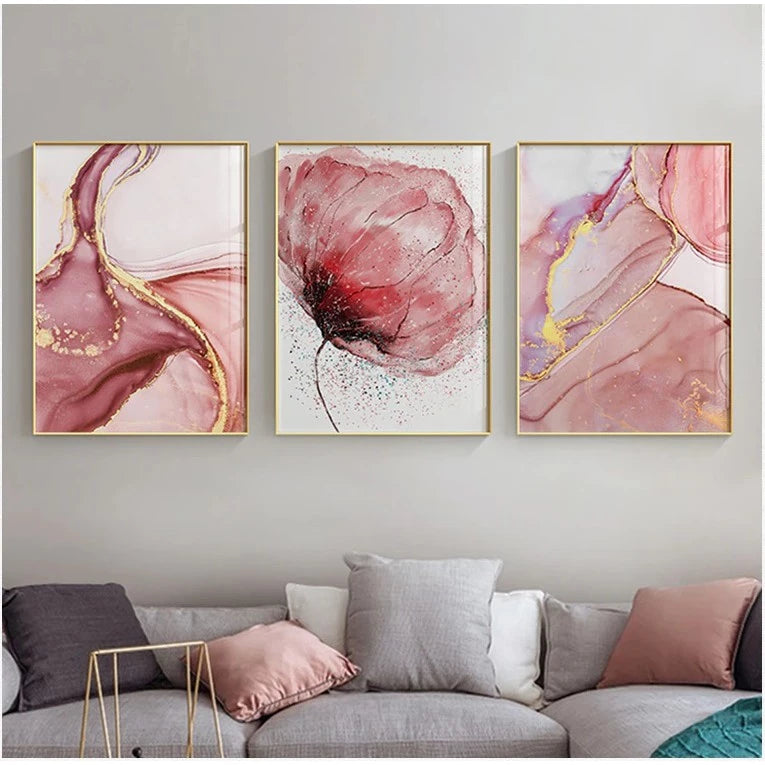 Quadros Decorativos 3 Peças Flor Rosa Abstrata - Home Cozy